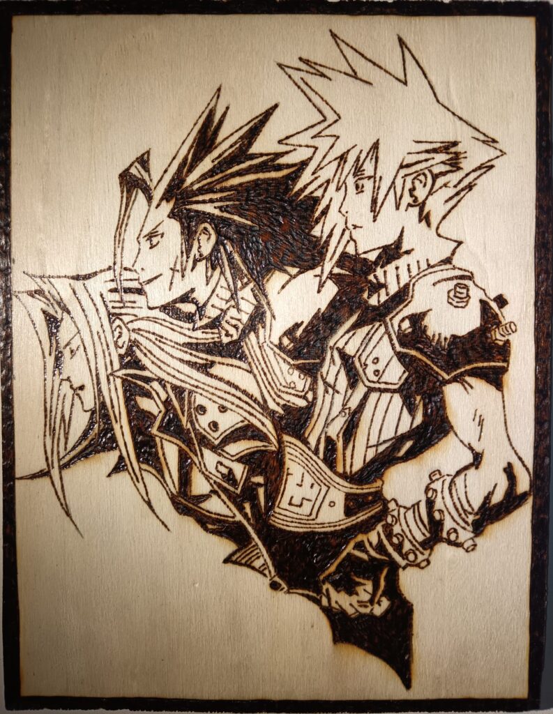 Pyrogravure de Sephiroth, Zack et Cloud de FF7